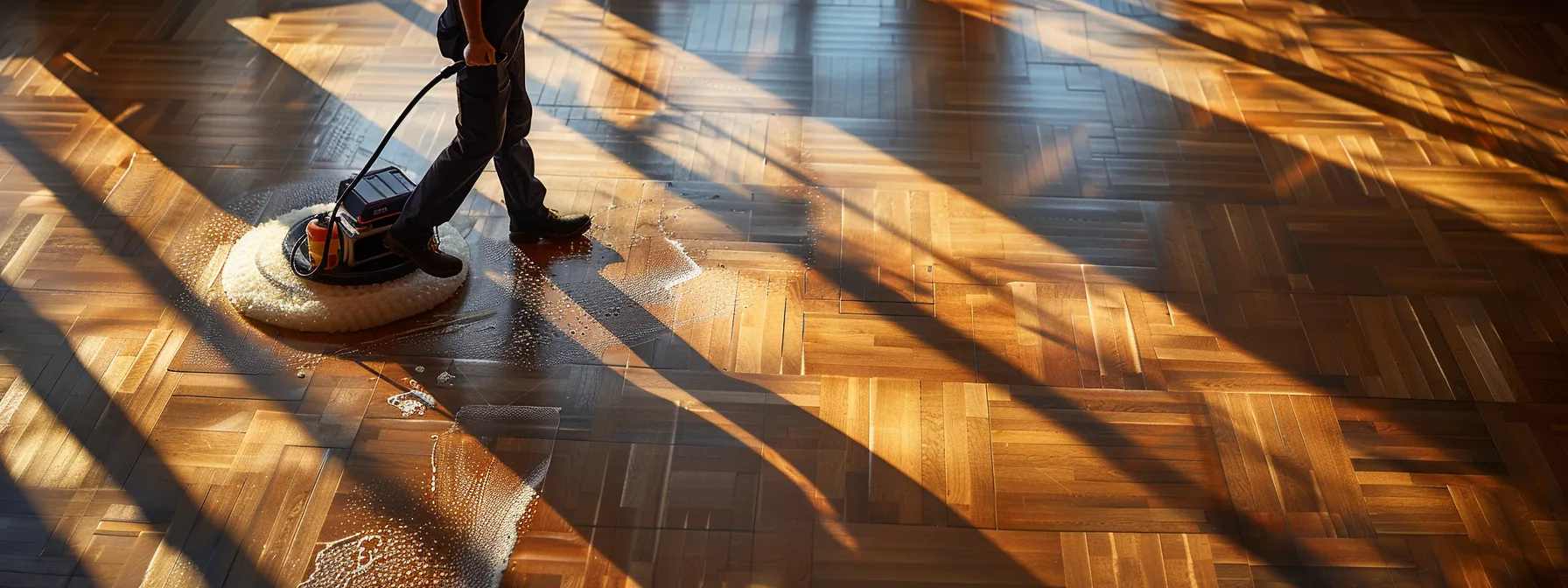 a professional cleaner using specialized equipment to clean and polish a hardwood floor in a commercial space.