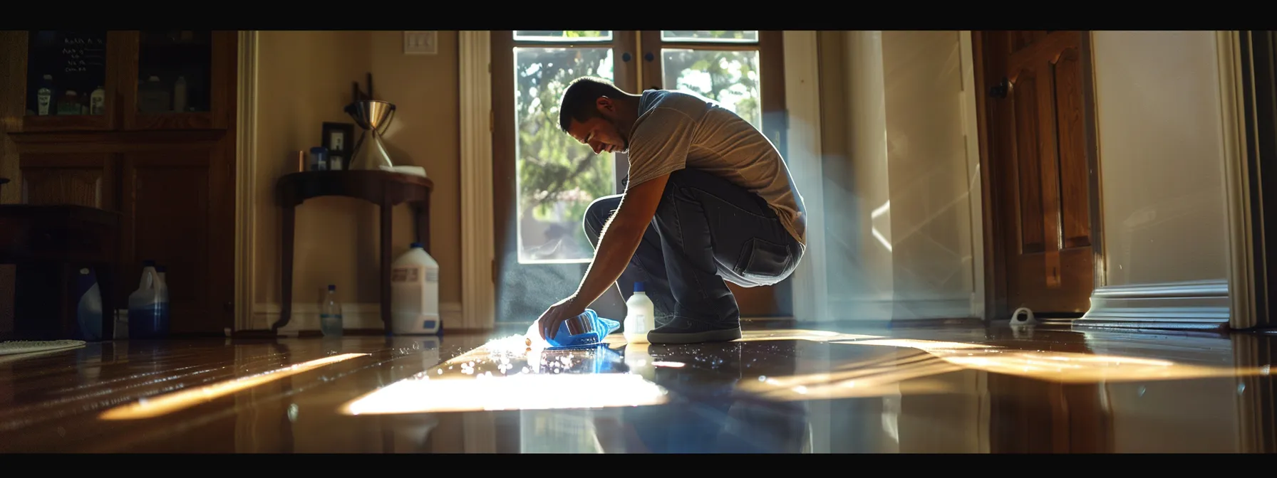 a custodian carefully scrubbing a hardwood floor with a gentle cleaner, avoiding the use of pine sol.