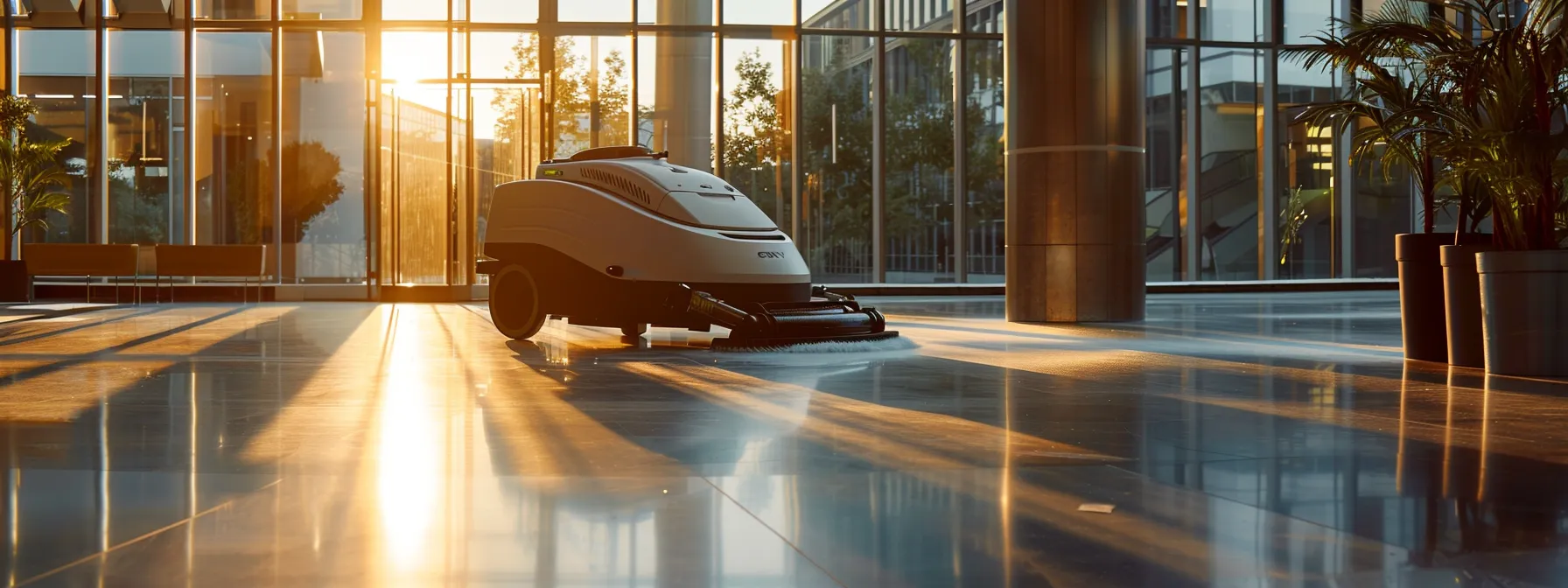 a high-tech floor cleaning machine in action at a modern office building.