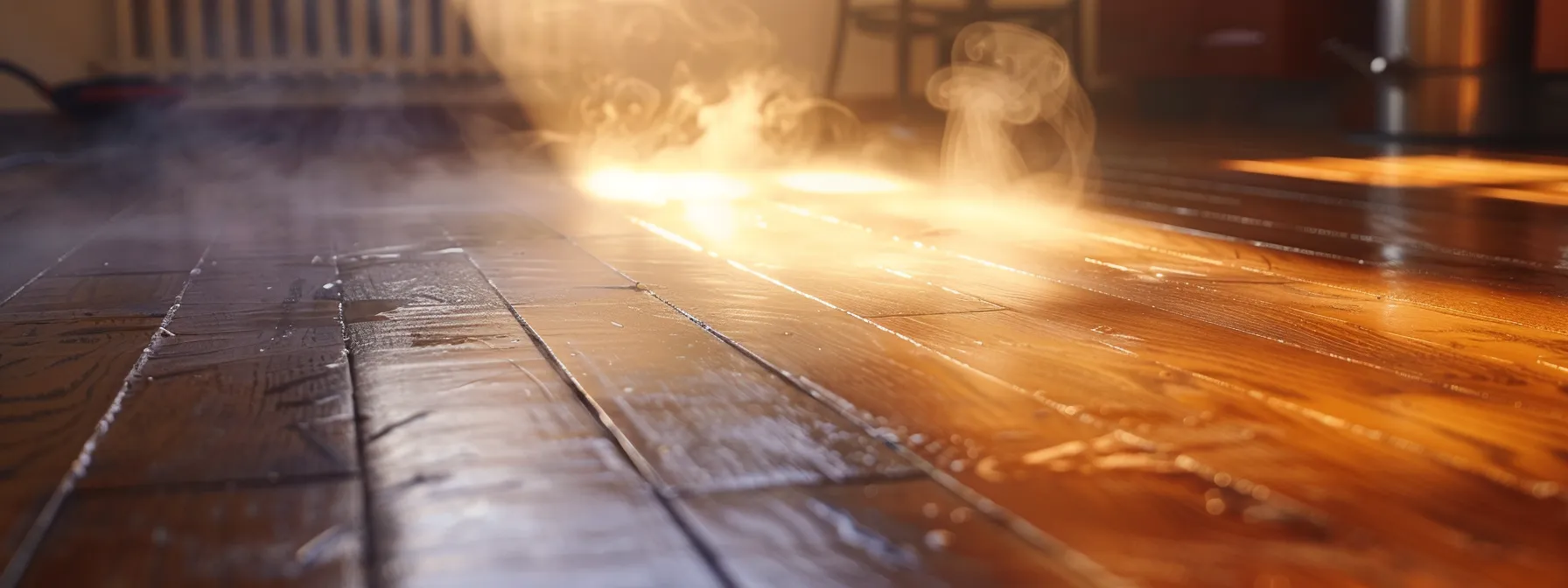 a hardwood floor being meticulously steam cleaned to restore its original beauty.