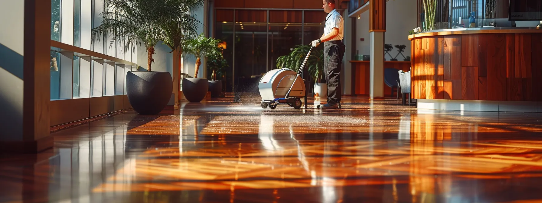 a professional cleaning service using specialized equipment to inspect and clean hardwood floors in a commercial building.