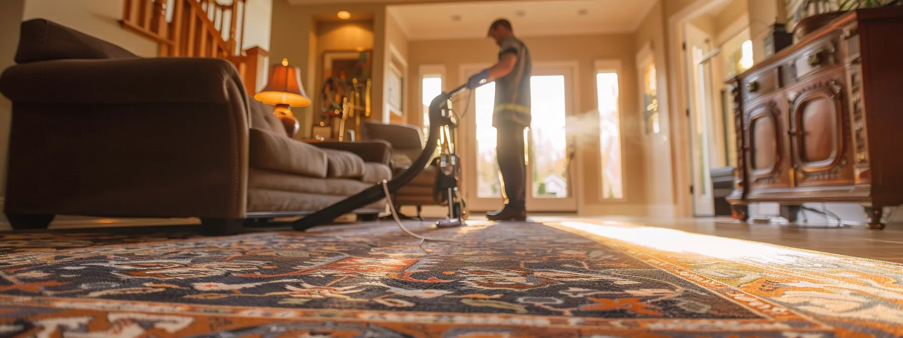 a technician from bock's steam star is efficiently cleaning a large area rug in a leawood home.