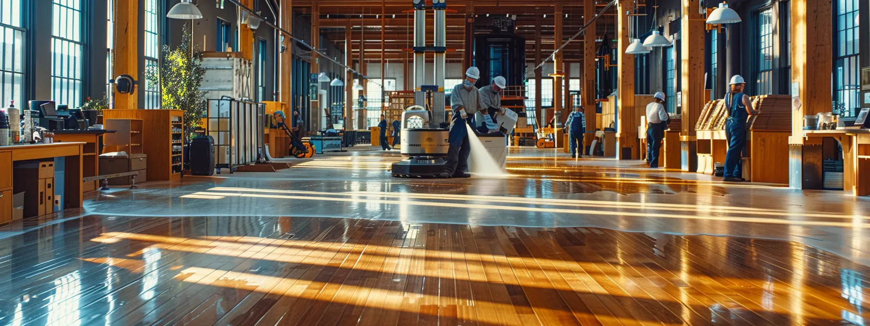 a team of workers in coveralls and helmets are using industrial machines to clean and polish a large hardwood floor in a commercial building.