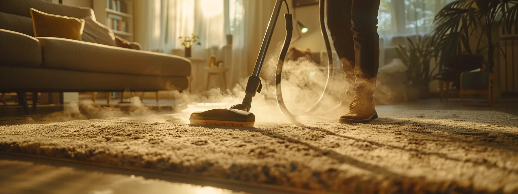 a professional cleaning technician using a steam cleaner on a dirty rug in a living room.