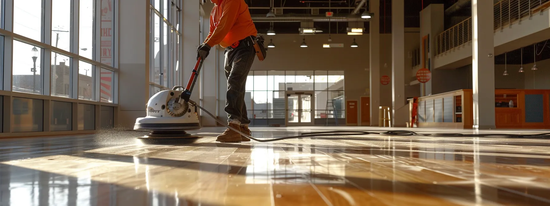 a professional worker using a large floor buffer to maintain the shiny hardwood floor of a business in parkville.