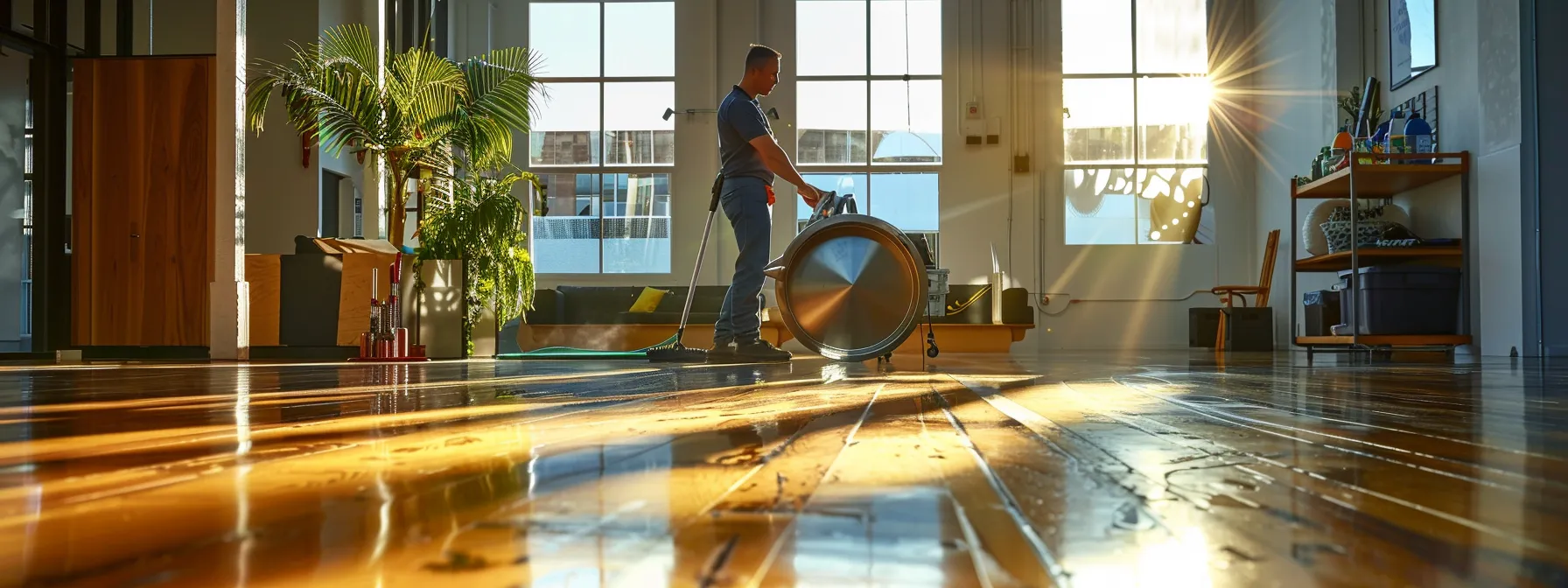 a professional cleaner in action, restoring the beauty of a hardwood floor in a commercial space.